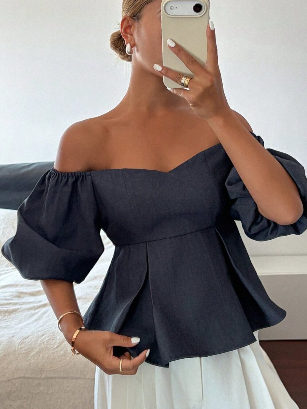 Navy Blue Casual Women's Denim-Effect Puff Sleeve Off-Shoulder Pullover Top